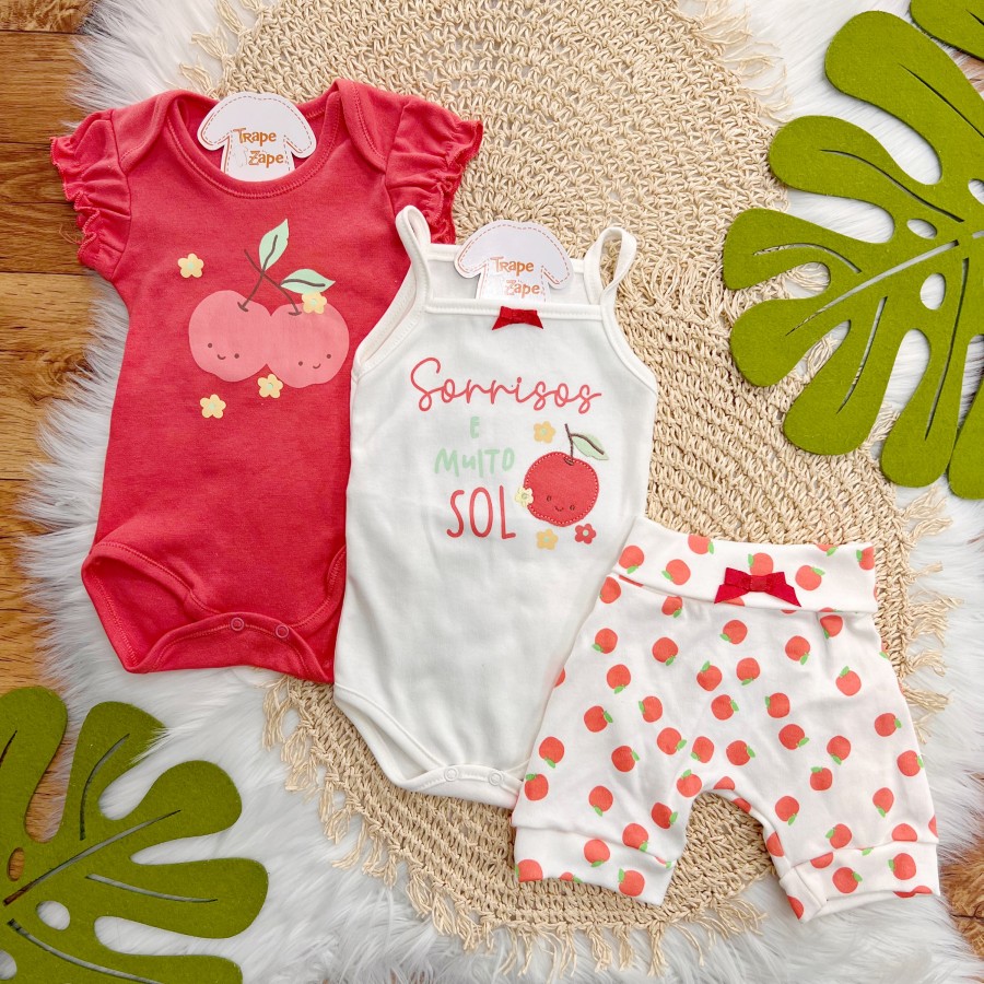 CONJ. DE MALHA 3 PEÇAS - Sorrisos e Muito Sol - Cereja e Off White